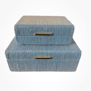 2 BLUE GOLD TEXTURED WOVEN HAND CRAFTED DECOR STORAGE BOXES HEAVY STACKABLE NEW